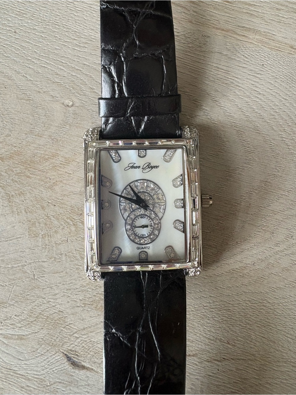 Joan Boyce Black and Silver Rectangular Crystal Accent Watch